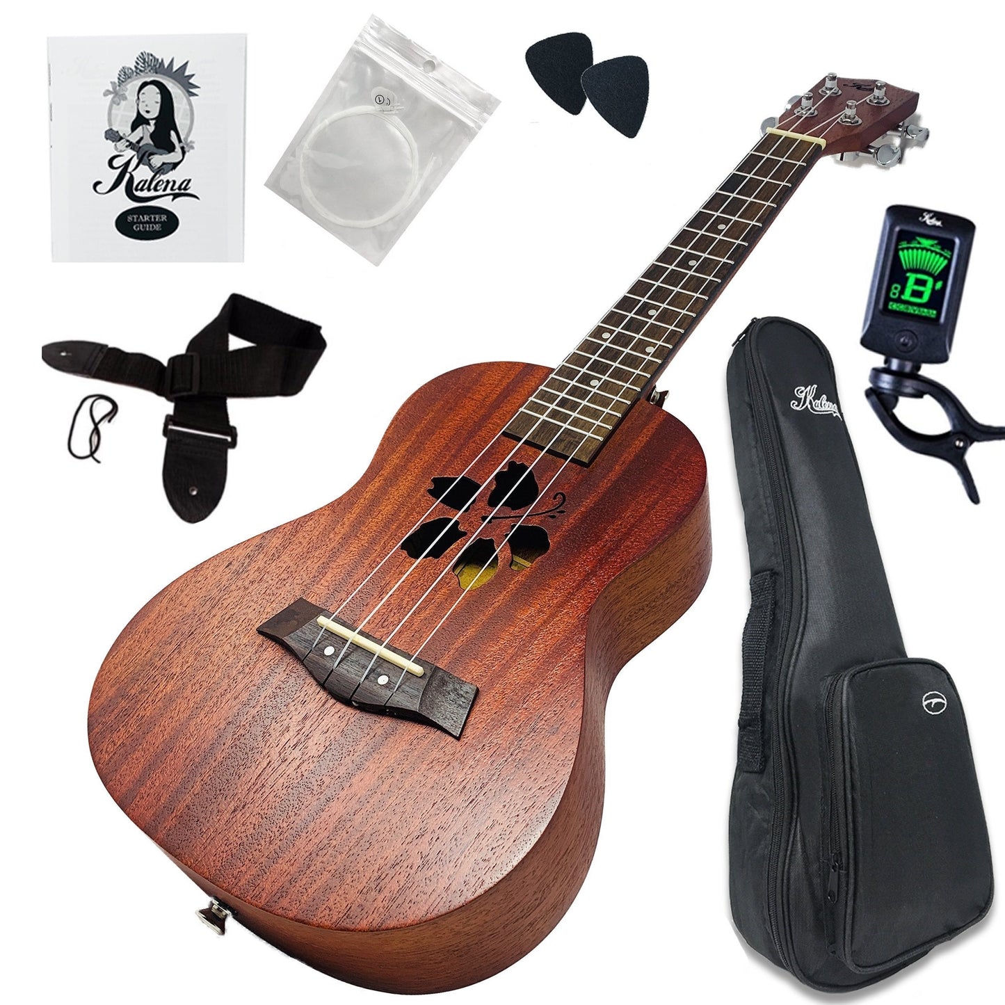 Kalena LM series Tenor Mahogany Ukulele Hibiscus Edition Warm Mahogany Complete Set: Strings, Picks, Strap, Digital Tuner, Padded Case, Starter Guide