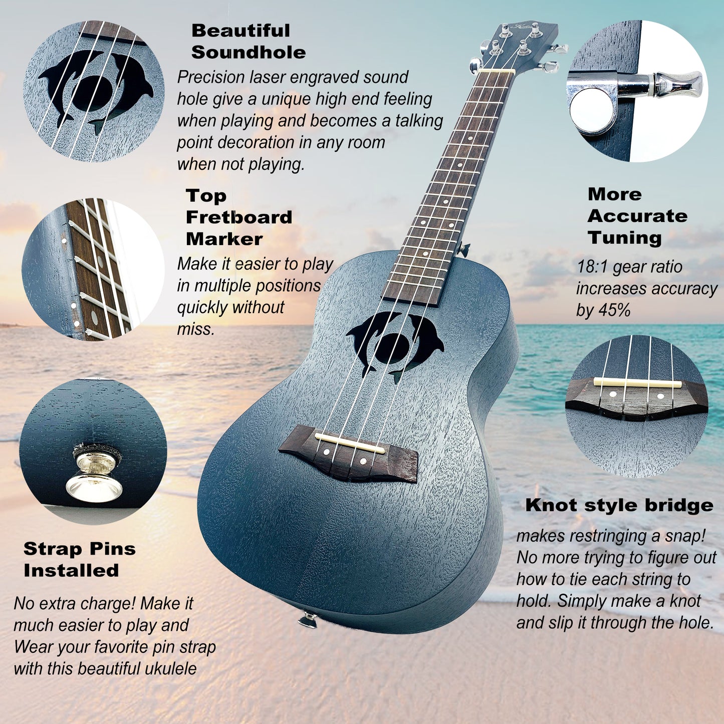 Kalena Mahogany Ukulele Dolphins Complete Set - Kalena Instruments / DeepSea Blue