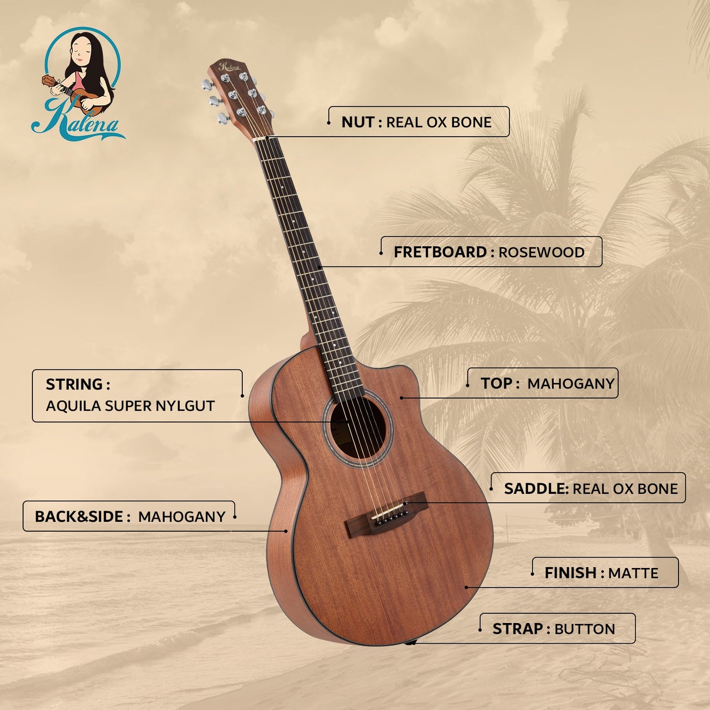 Kalena 38SMT-T6 Solid Mahogany Top Acoustic Guitar Complete Set