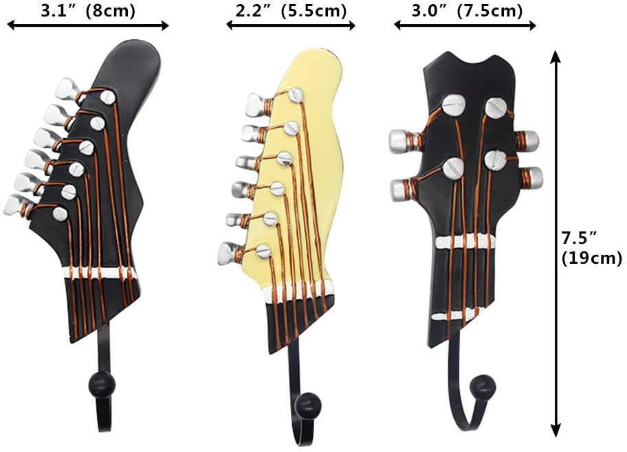 Vintage Guitar Shaped Decorative Hooks Wall Mounted Rack Hangers (3-Pack)