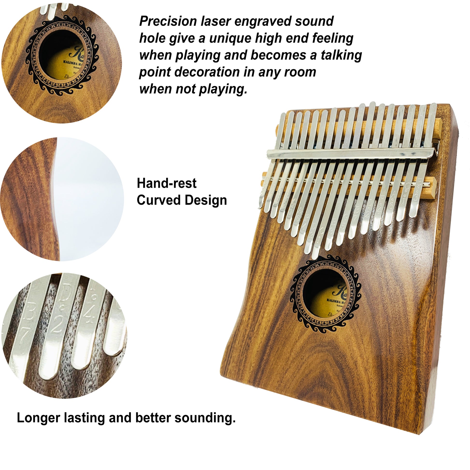 Kalena 17 key Solid Acacia Kalimba (Sun Engraving) with Gig Bag - Kalena Instruments