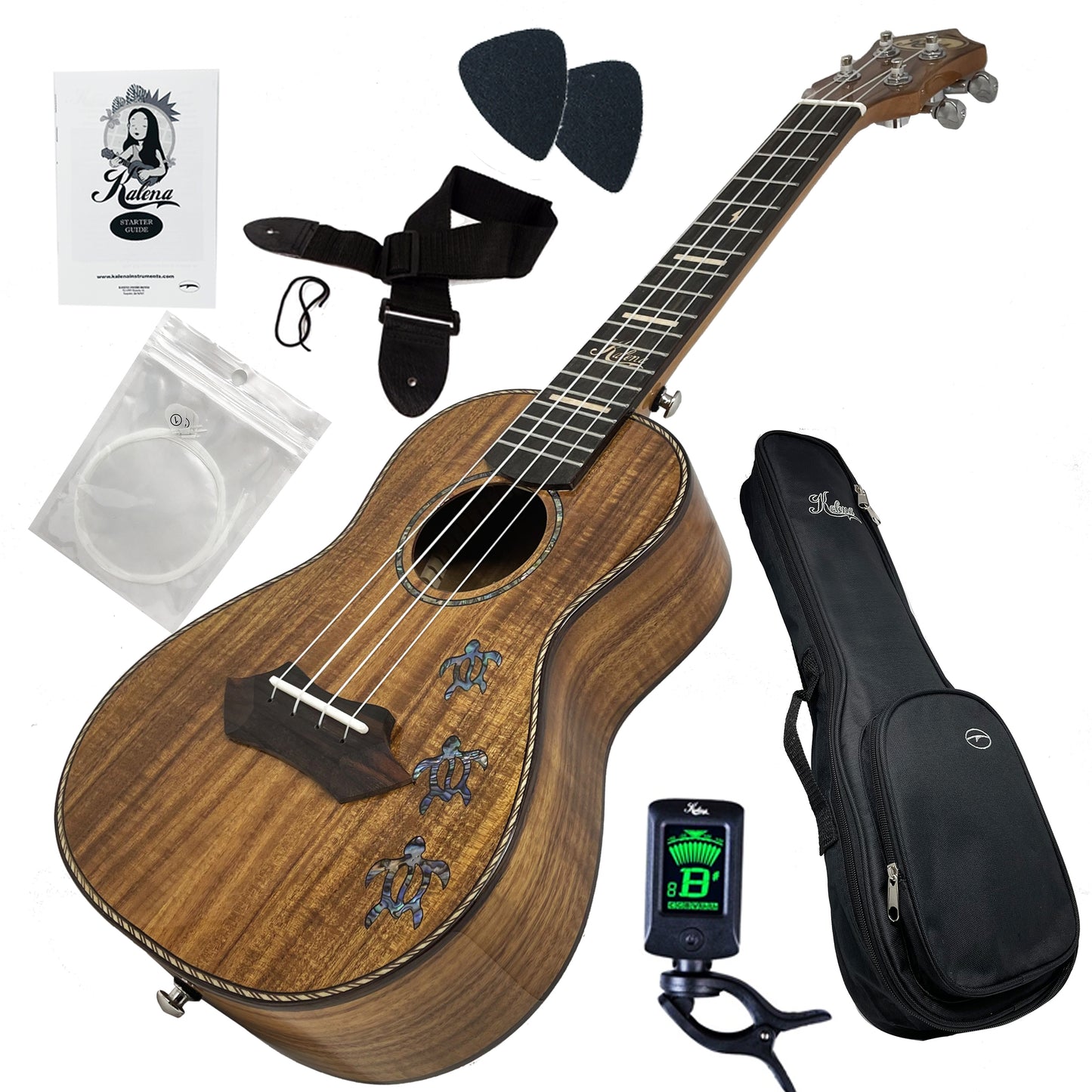 Kalena Concert Ukulele Solid Acacia Top Turtle Abalone Shell inlay