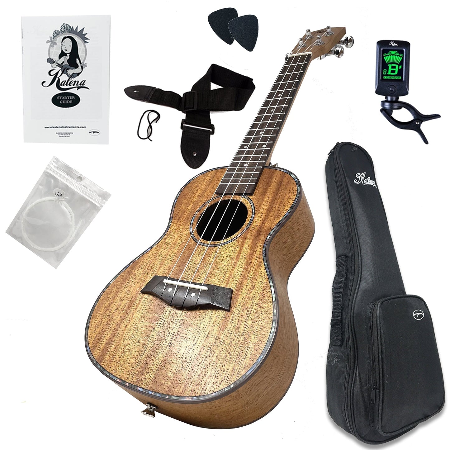 Kalena LM series Tenor Mahogany Ukulele with Celluloid Binding Traditional EQ complete set: Strings, Picks, Strap, Digital Tuner, Padded Case, Starter Guide