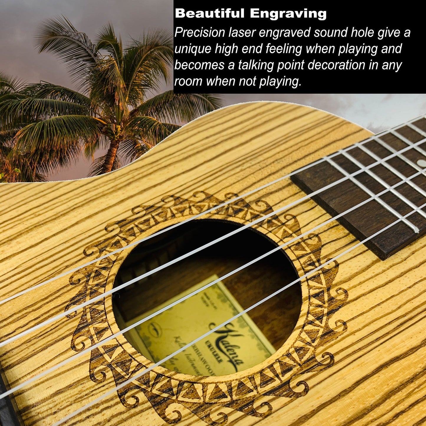 Kalena Zebrawood Sun Engraving Ukulele Complete Set - Kalena Instruments / 24" Concert