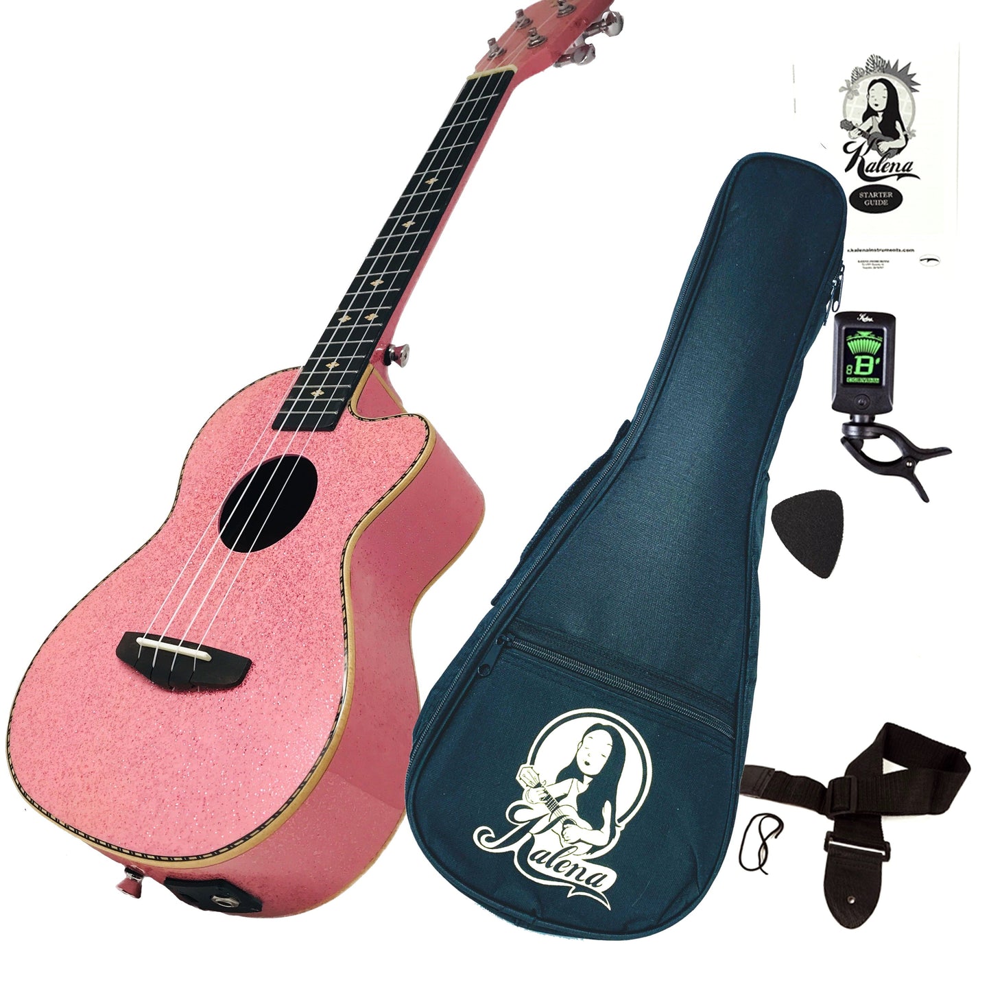 Kalena Sparkle Series Tenor EQ Pickup Solid Spruce Top Ukulele Complete Set: Strings, Picks, Strap, Digital Tuner, Padded Case, Starter Guide