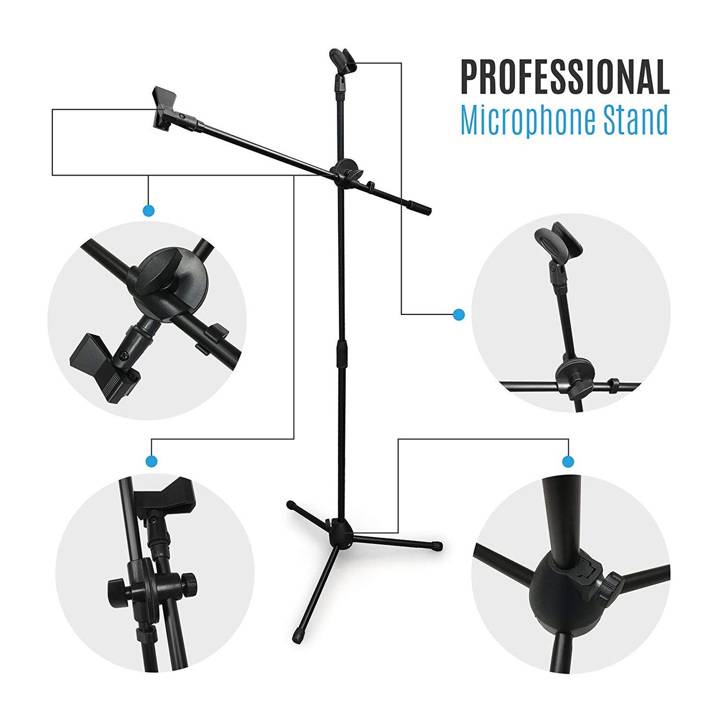 Microphone Stand Mic Boom Stand with 2 Mic Clips, Height Adjustable Tripod