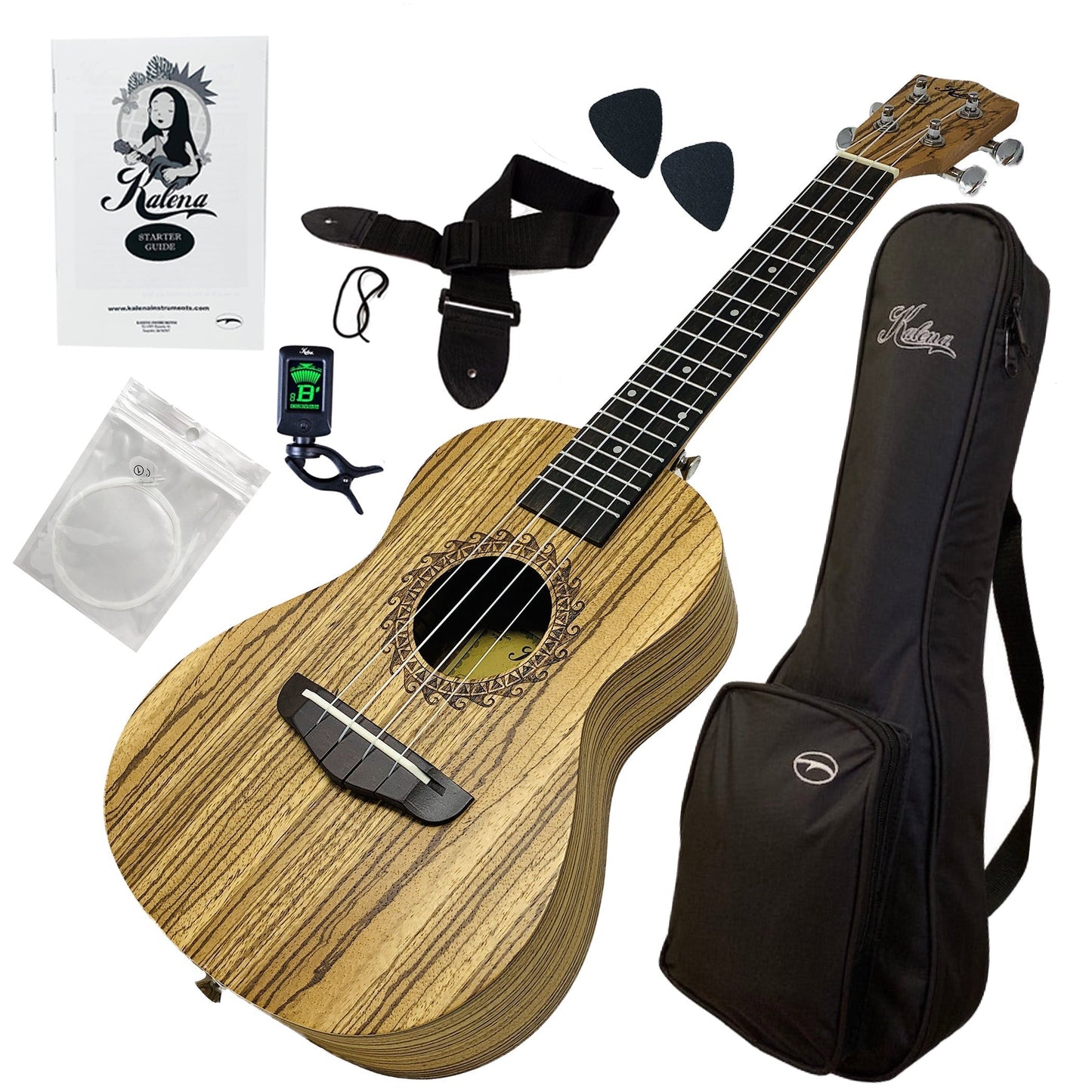 Kalena Tenor Zebrawood Sun Engraving Ukulele Complete Set: Strings, Picks, Strap, Digital Tuner, Padded Case, Starter Guide