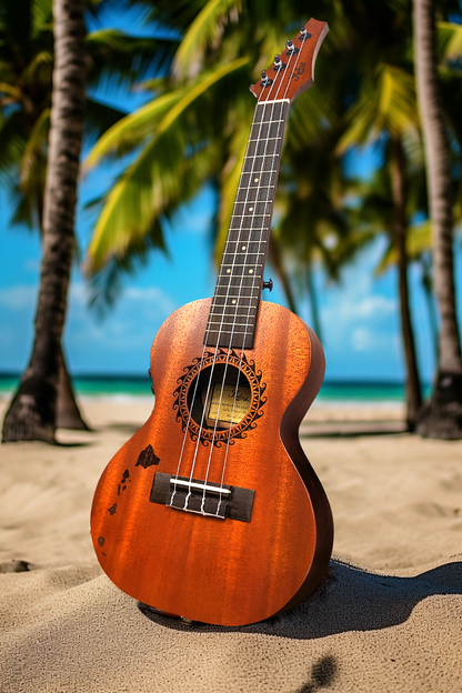 Kalena Hawaiian Islands Edition Concert Ukulele Thinline Complete Set: Strings, Picks, Strap, Digital Tuner, Padded Case, Starter Guide