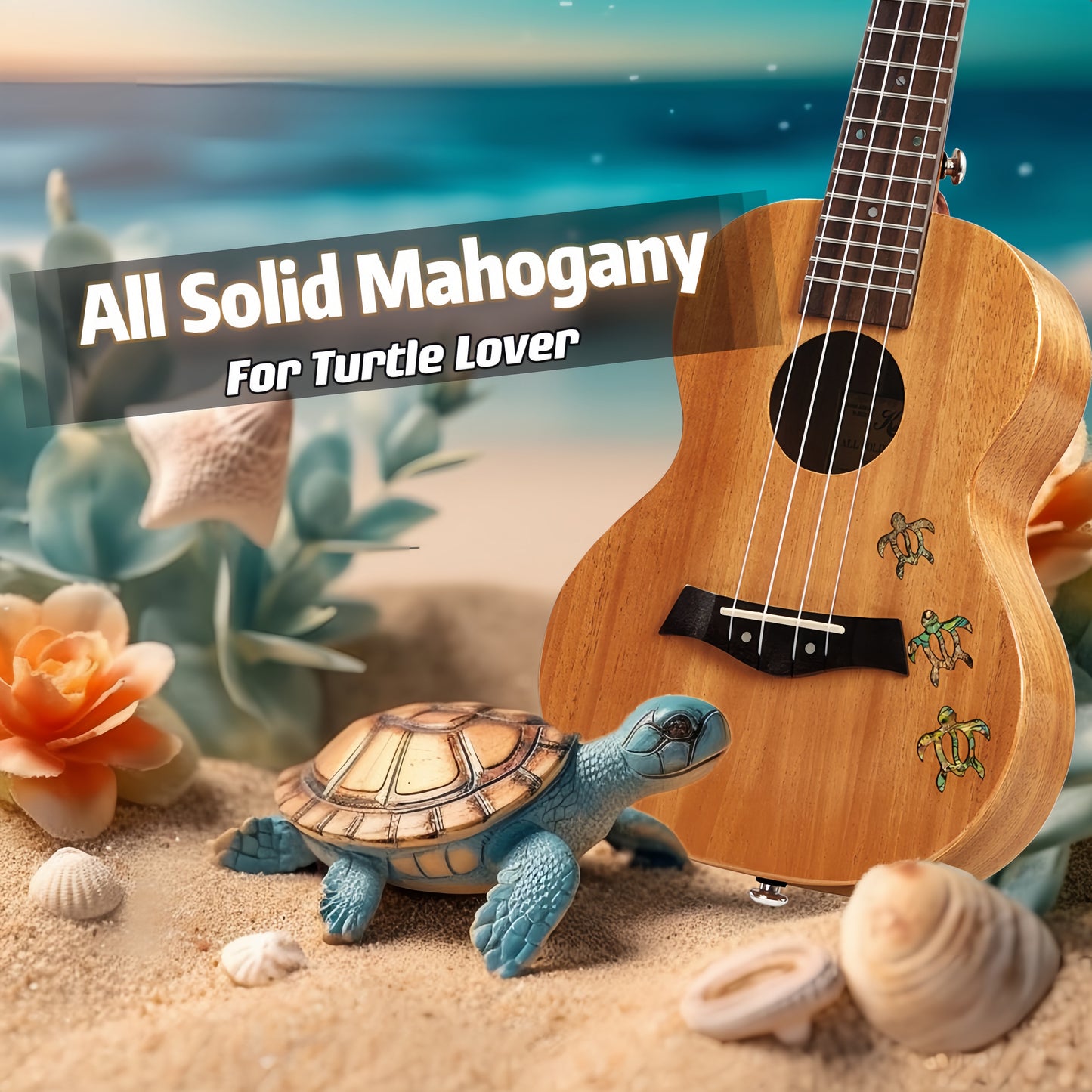Kalena All Solid Mahogany Concert Ukulele with Inlay Turtle Complete Set: Strings, Picks, Strap, Digital Tuner, Padded Case, Starter Guide