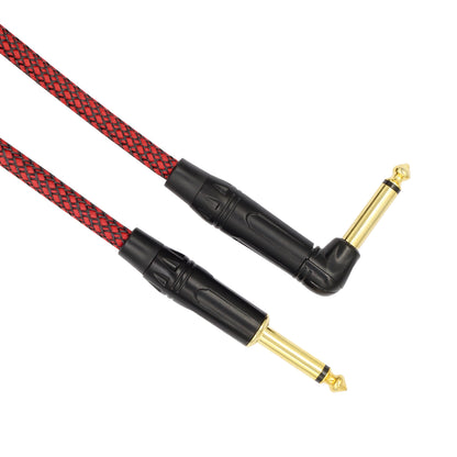 Kalena Gold-plated TS 1/4" shielded cable with one L and one straight connector and aluminum cover - Kalena Instruments / Red & Black woven