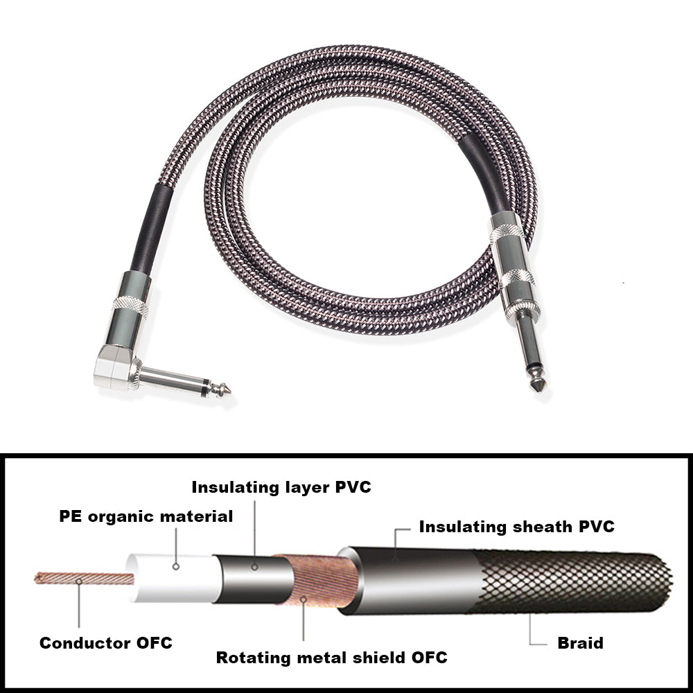Kalena Silver-plated TS 1/4" shielded cable with one L and one straight connector - Kalena Instruments