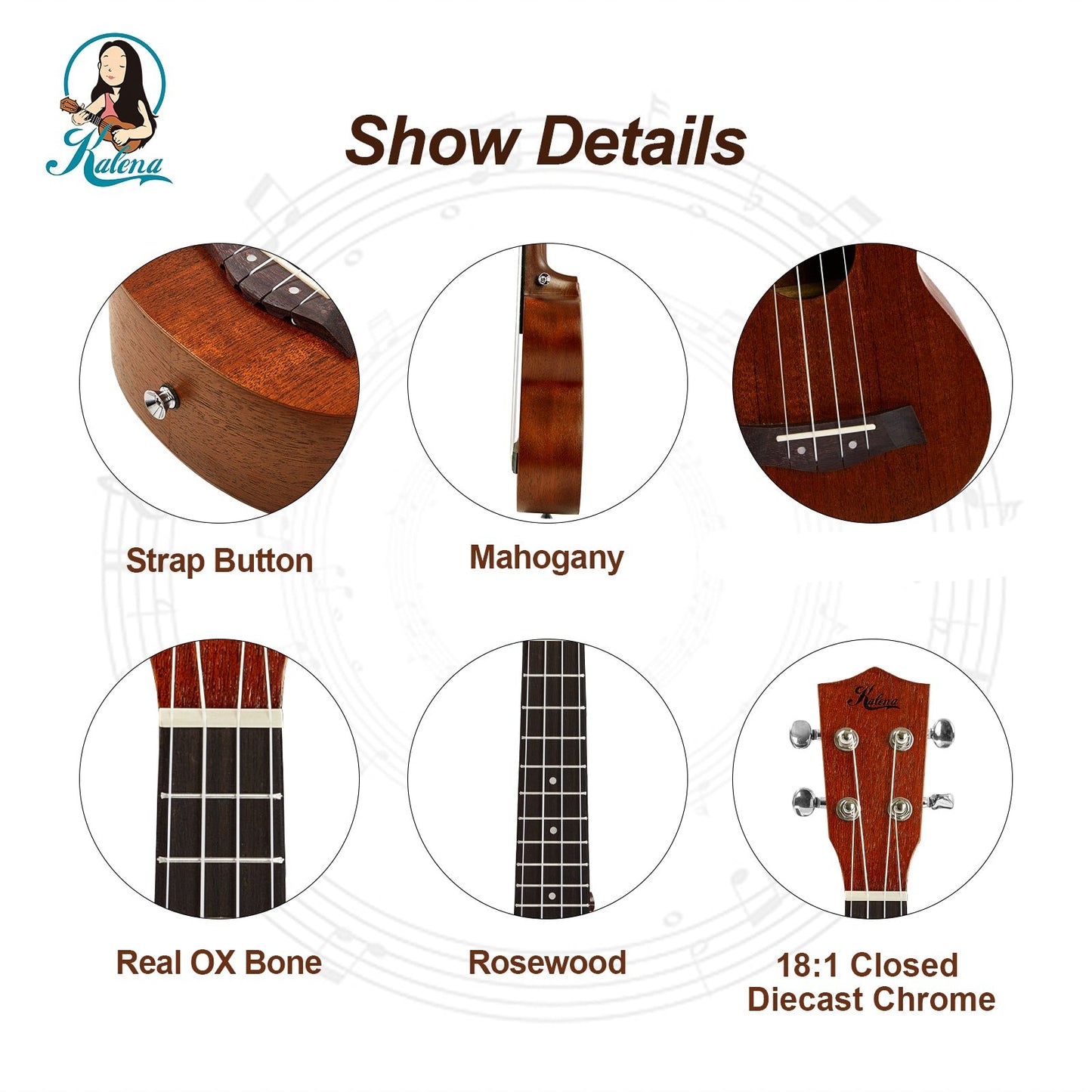Kalena LM series Soprano Ukulele Traditional Edition Warm Mahogany Complete Set: Strings, Picks, Strap, Digital Tuner, Padded Case, Starter Guide