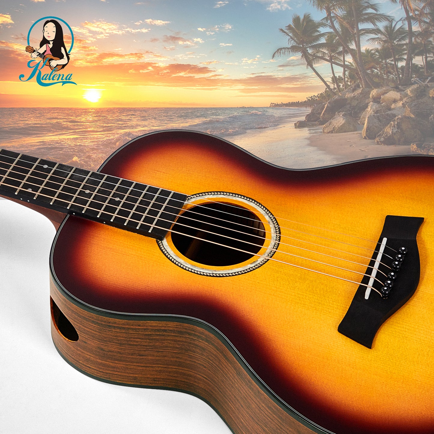 Kalena KG-418 sunburst Solid Spruce Top and walnut 36 inch Mini Acoustic Guitar Complete Set