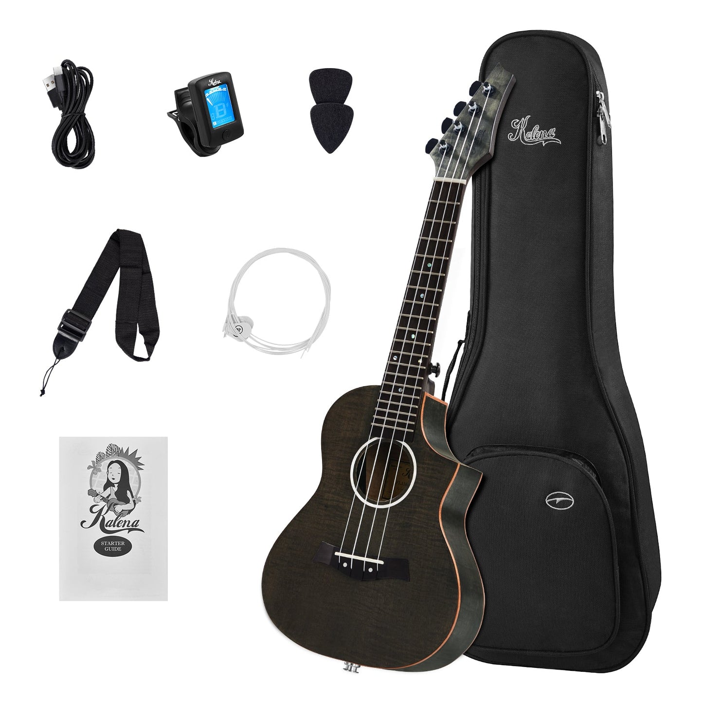 Kalena Flame Maple Tenor FX Ukulele Complete Set: Strings, Picks, Strap, Digital Tuner, Padded Case, Starter Guide