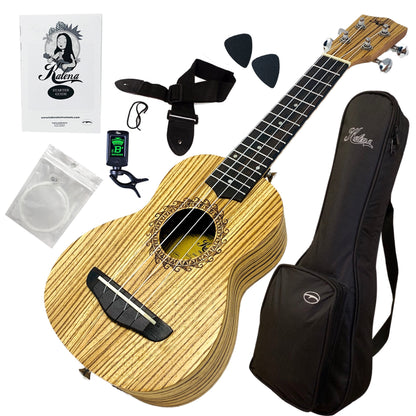 Kalena Concert Zebrawood Sun Engraving Ukulele Complete Set: Strings, Picks, Strap, Digital Tuner, Padded Case, Starter Guide