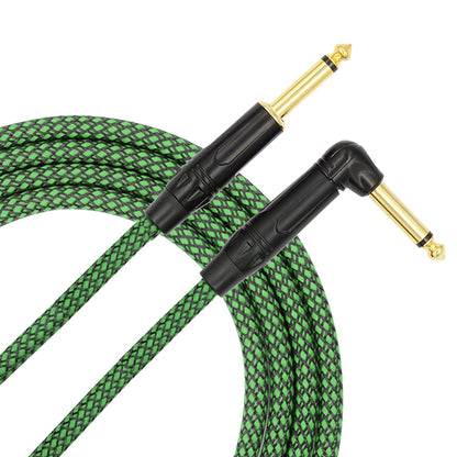 Kalena Gold-plated TS 1/4" shielded cable with one L and one straight connector and aluminum cover - Kalena Instruments / Green & Black woven