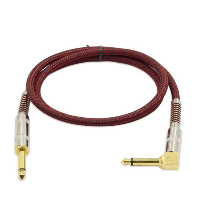 Kalena Gold-plated TS 1/4" shielded cable with one L and one straight connector and silver cover - Kalena Instruments / Dark Red & Black woven