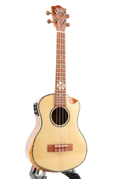 Kalena Tenor Ukulele Performance Series Solid Spruce Top Cutaway Armrest EQ Pickup Complete Set: Strings, Picks, Strap, Digital Tuner, Padded Case, Starter Guide