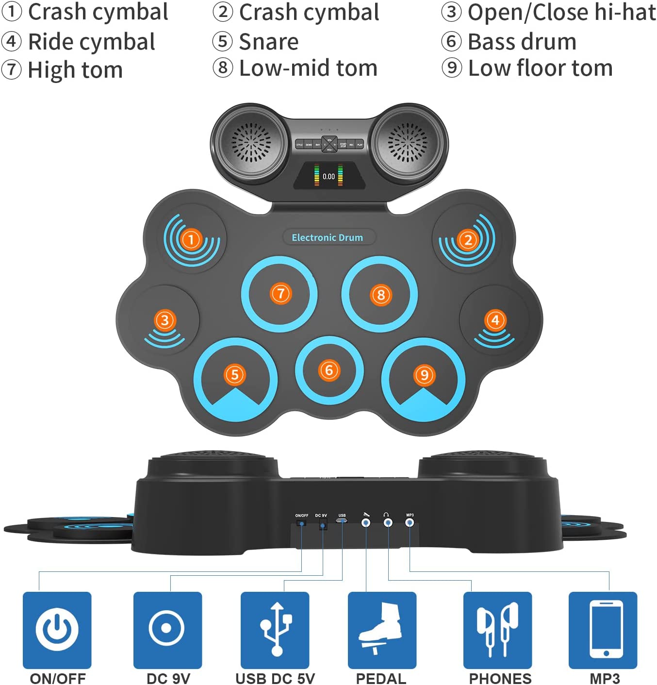 K-MD668 Portable Digital Drumset Professional Roll Up MIDI Drum Pads with Built-In Speaker and Sounds