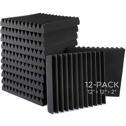 Kalena Self-Adhesive Acoustic Panels, 2" X 12" X 12" Acoustic Foam Panels, Studio Wedge Tiles, Sound Panels wedges Soundproof Sound Insulation Absorbing Home and Office(12 Pack, Black)