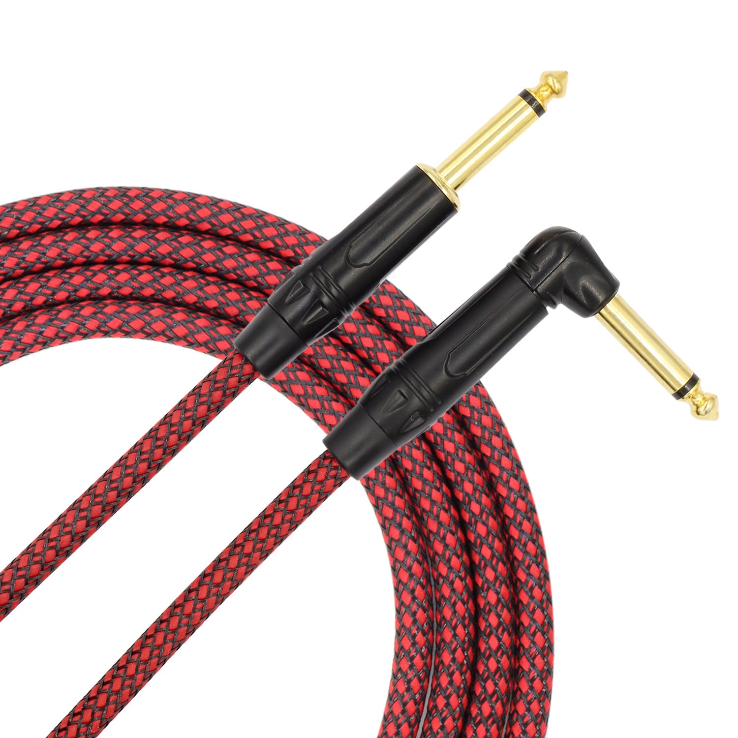 Kalena Gold-plated TS 1/4" shielded cable with one L and one straight connector and aluminum cover - Kalena Instruments / Red & Black woven