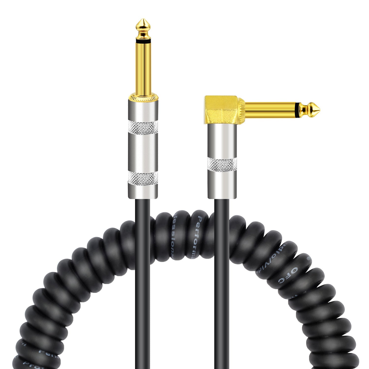 Kalena Gold-plated TS 1/4" shielded coil cable with one L and one straight connector and silver cover - Kalena Instruments