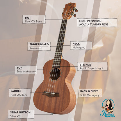 Kalena All Solid Mahogany Classical head Tenor Ukulele Complete Set: Strings, Picks, Strap, Digital Tuner, Padded Case, Starter Guide