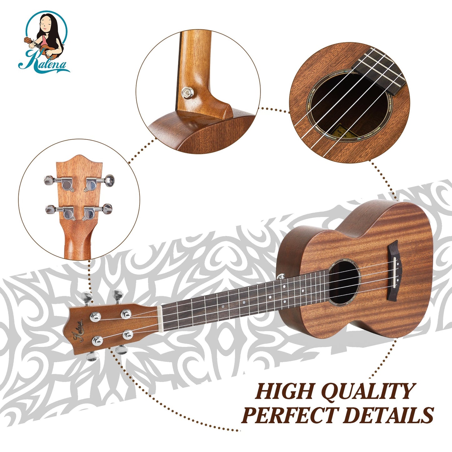 Kalena All Solid Sapele Concert Ukulele with extra wide fretboard Complete Set: Strings, Picks, Strap, Digital Tuner, Padded Case, Starter Guide
