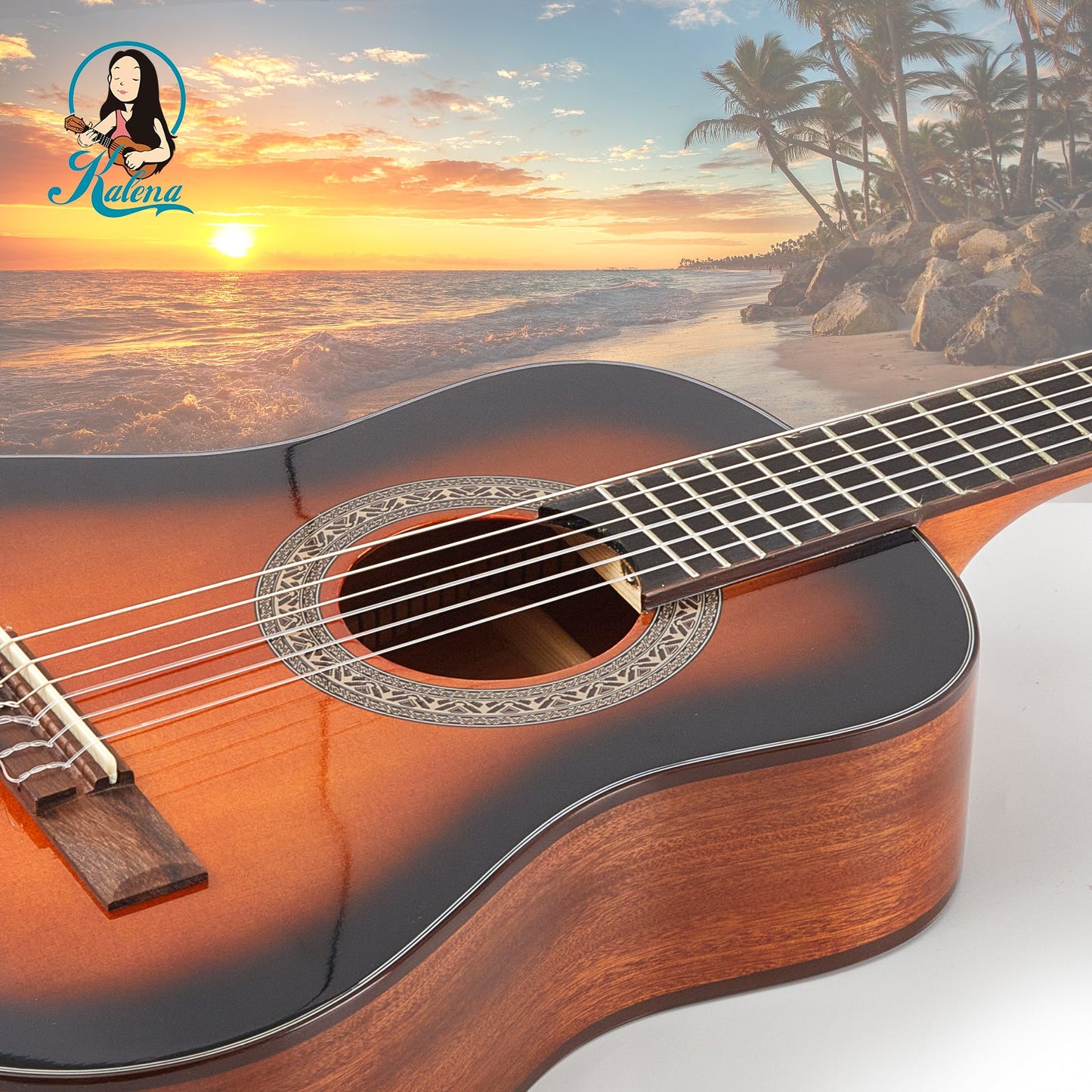 Kalena 34” Sunburst Solid Spruce Top Classical Guitar Baby Complete Set