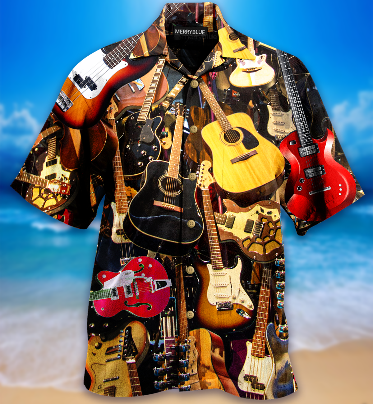 Kalena Guitars Musical Instrument Aloha Tropical Hawaiian Shirt Clearance