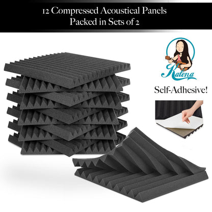 Kalena Self-Adhesive Acoustic Panels, 2" X 12" X 12" Acoustic Foam Panels, Studio Wedge Tiles, Sound Panels wedges Soundproof Sound Insulation Absorbing Home and Office(12 Pack, Black)