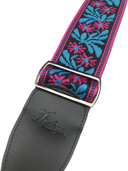 Kalena 2 Pin Guitar Strap Buckle Style Blue and Purple Flowers (jacquard band+nylon+real leather) - Kalena Instruments