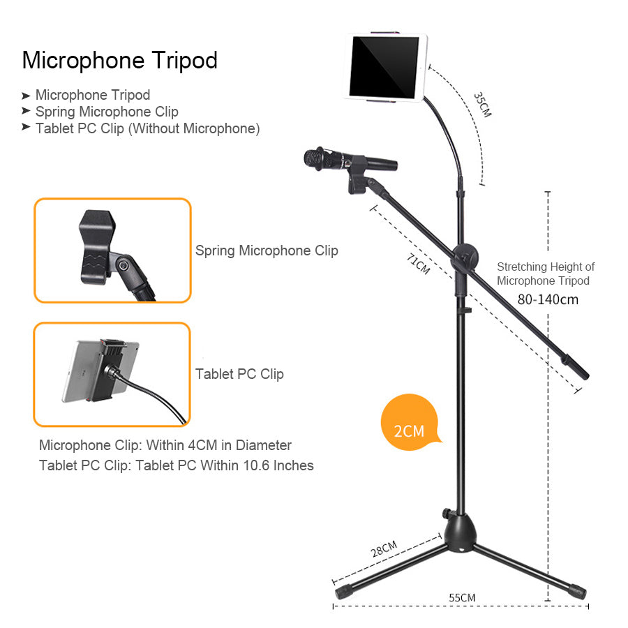 Microphone Stand Mic Boom Stand with 1 Mic Clip and one iPhone clip, Height Adjustable Tripod