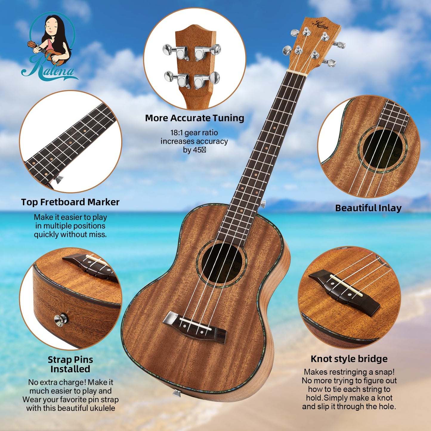 Kalena LM series Tenor Mahogany Ukulele with Celluloid Binding Traditional EQ complete set: Strings, Picks, Strap, Digital Tuner, Padded Case, Starter Guide