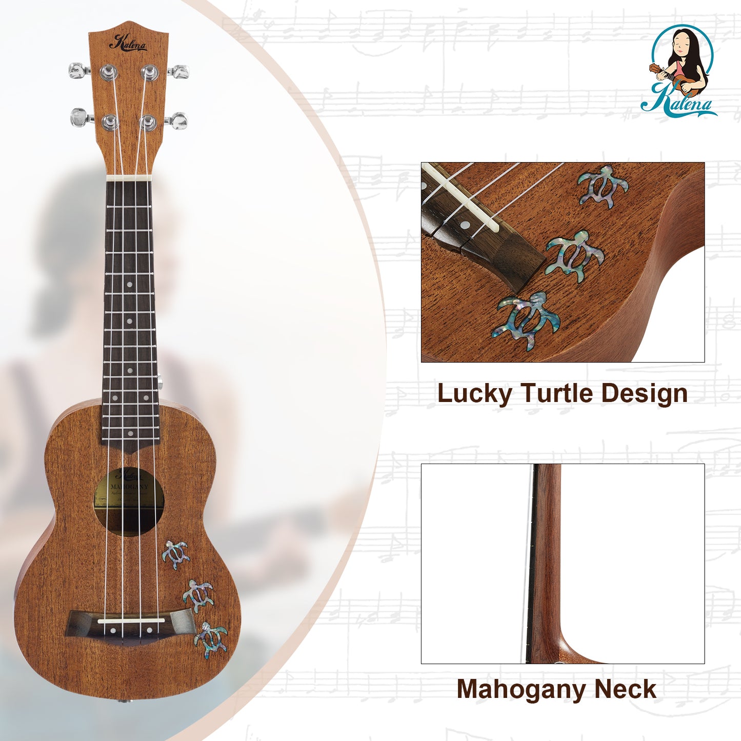 Kalena LM series Soprano Mahogany Ukulele Turtle inlay Traditional Complete Set: Strings, Picks, Strap, Digital Tuner, Padded Case, Starter Guide