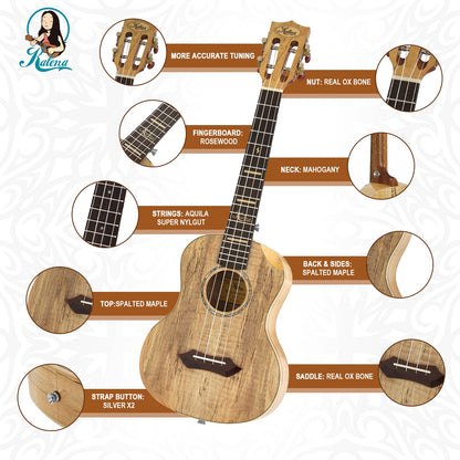 Kalena Spalted Tenor Ukulele Complete Set: Strings, Picks, Strap, Digital Tuner, Padded Case, Starter Guide