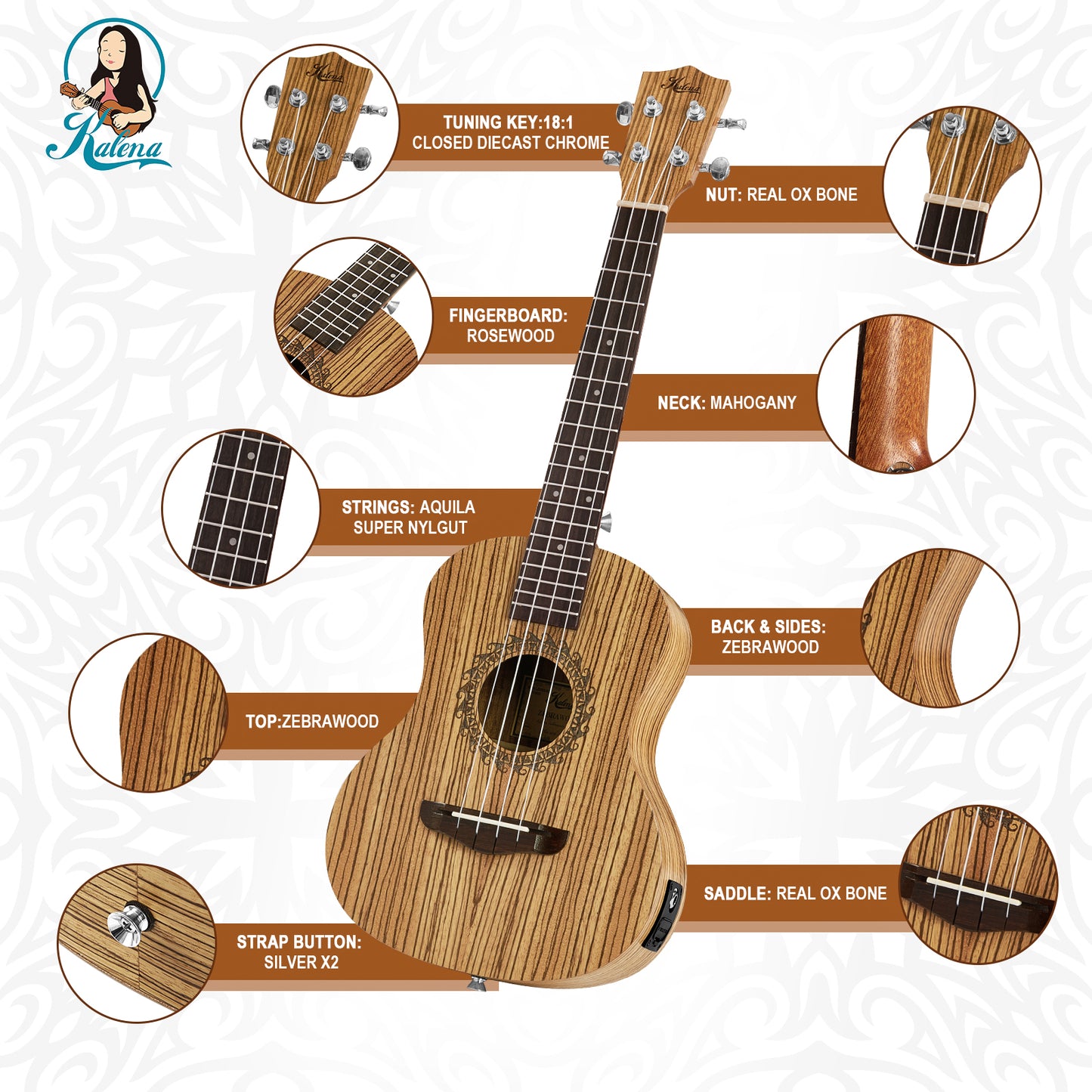 Kalena Tenor Zebrawood Ukulele with EQ Pickup Complete Set: Strings, Picks, Strap, Digital Tuner, Padded Case, Starter Guide