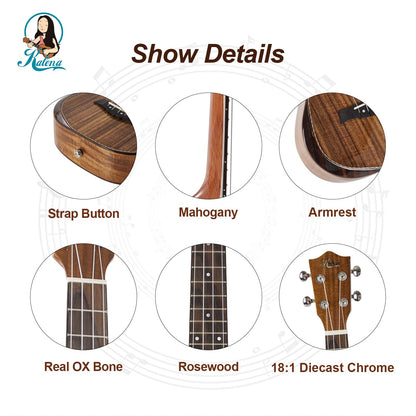 Kalena SA-T01 All Solid Acacia tenor ukulele with armrest and maple binding Complete Set: Strings, Picks, Strap, Digital Tuner, Padded Case, Starter Guide