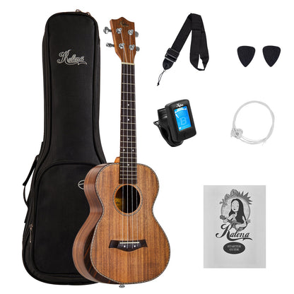 Kalena SA-T01 All Solid Acacia tenor ukulele with armrest and maple binding Complete Set: Strings, Picks, Strap, Digital Tuner, Padded Case, Starter Guide