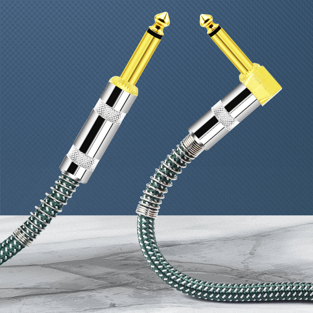 Kalena Gold-plated TS 1/4" shielded cable with one L and one straight connector and silver cover - Kalena Instruments / Green & White woven