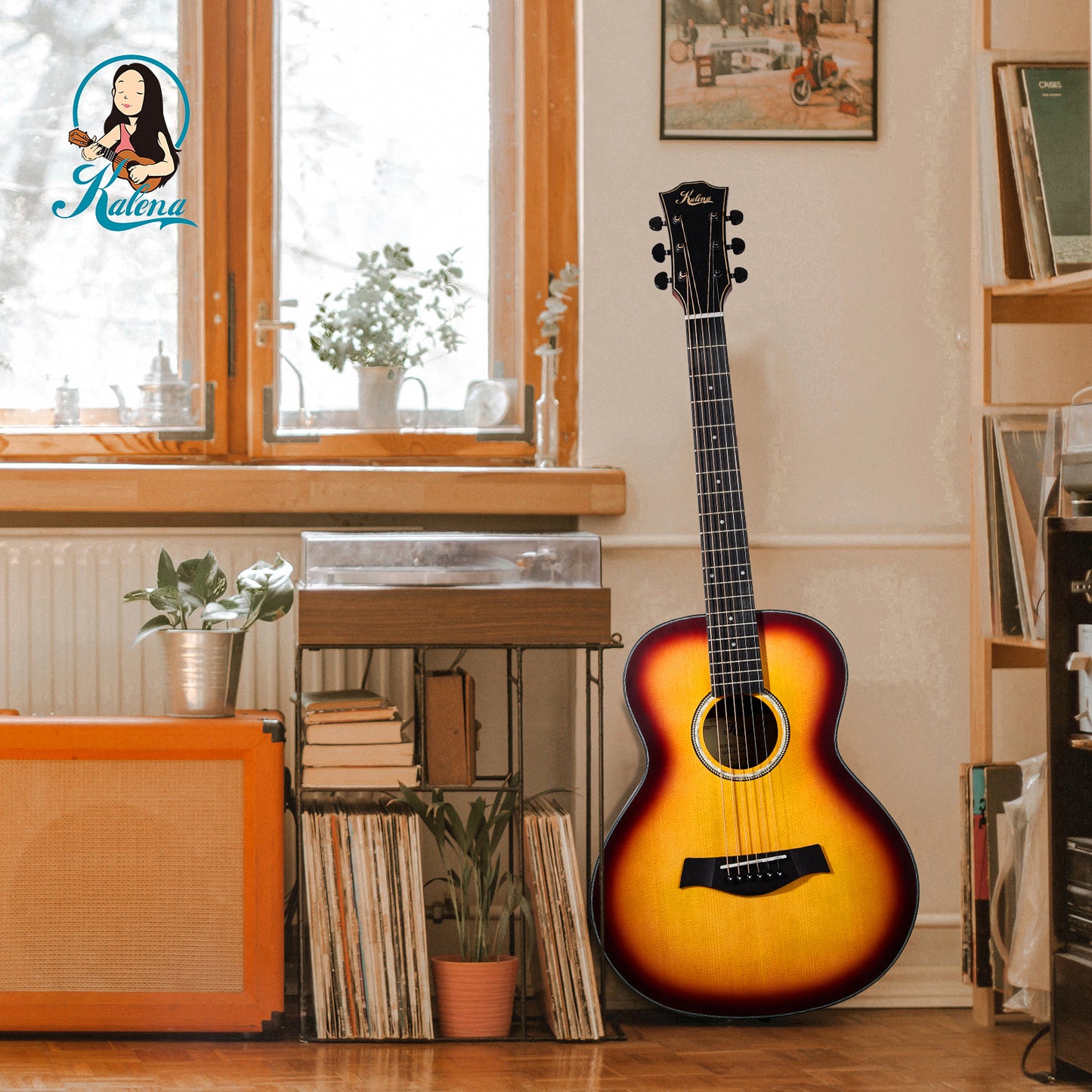 Kalena KG-418 sunburst Solid Spruce Top and walnut 36 inch Mini Acoustic Guitar Complete Set