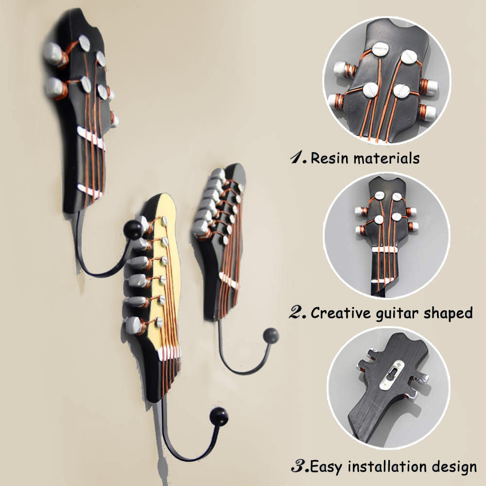 Vintage Guitar Shaped Decorative Hooks Wall Mounted Rack Hangers (3-Pack)