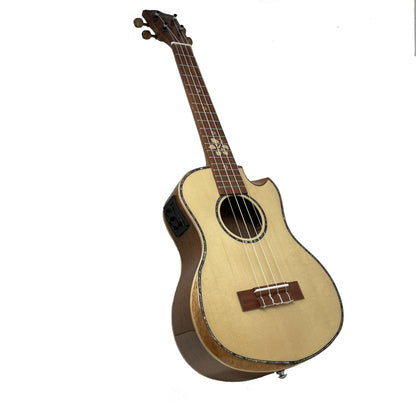 Kalena Tenor Ukulele Performance Series Solid Spruce Top Cutaway Armrest EQ Pickup Complete Set: Strings, Picks, Strap, Digital Tuner, Padded Case, Starter Guide